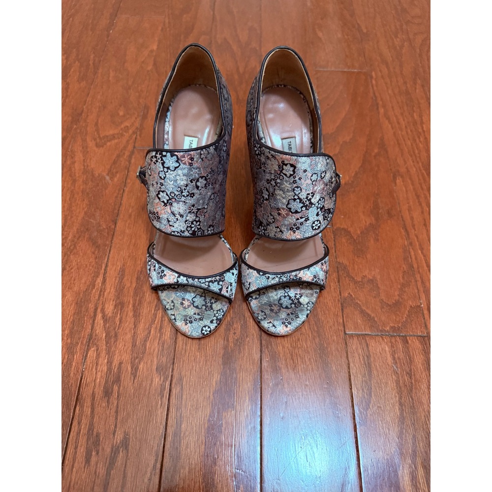 Tabitha Simmons Floral Brocade Buckle Stiletto Sandals Metallic Blue Silver 37.5